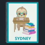 Cute Sloth at School Personalized Notebook<br><div class="desc">Cute artwork featuring an adorable sloth wearing glasses sitting at a school desk solving a math problem and a pile of books.</div>
