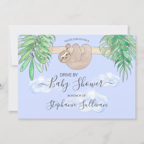 Cute Sloth Baby Boy Blue Drive By Baby Shower Invitation