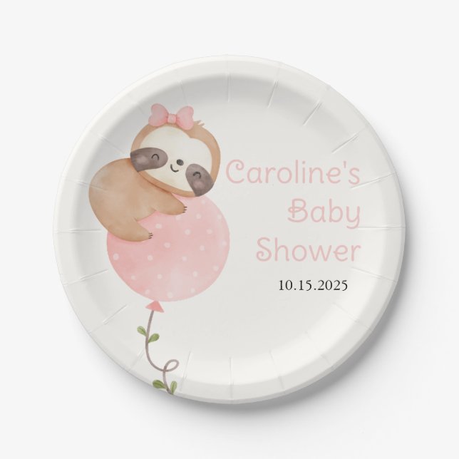 Cute Sloth Baby Girl Baby Shower Diaper Raffle  Paper Plates (Front)