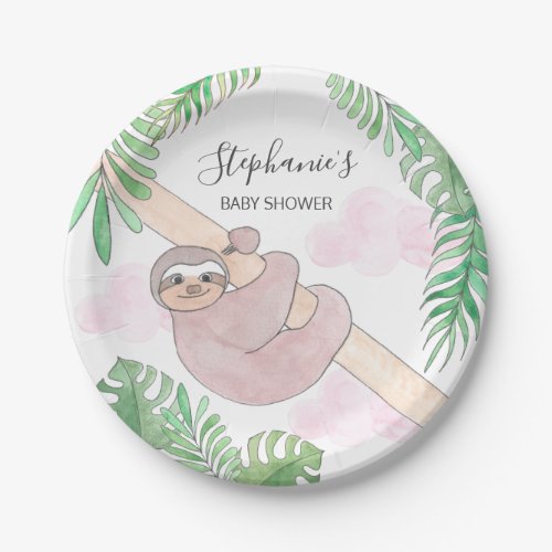 Cute Sloth Baby Girl Baby Shower  Paper Plates