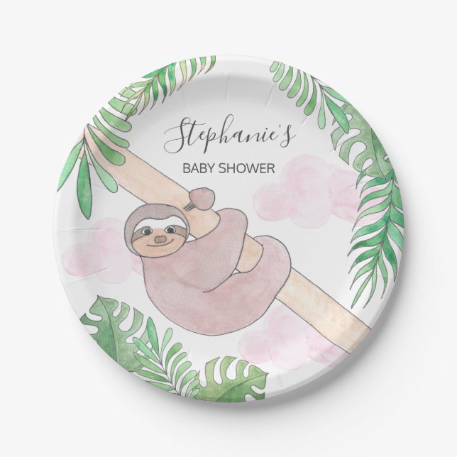 Cute Sloth Baby Girl Baby Shower  Paper Plates (Front)