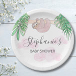 Cute Sloth Baby Girl Baby Shower Paper Plates<br><div class="desc">This pretty baby shower paper plate features a sweet baby sloth hanging from a branch,  with green watercolor jungle leaves and pink clouds.
All the text is customizable.
There are matching napkins in my store.
Original Watercolor © Michele Davies.</div>