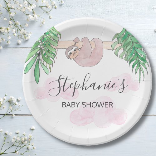 Cute Sloth Baby Girl Baby Shower Paper Plates