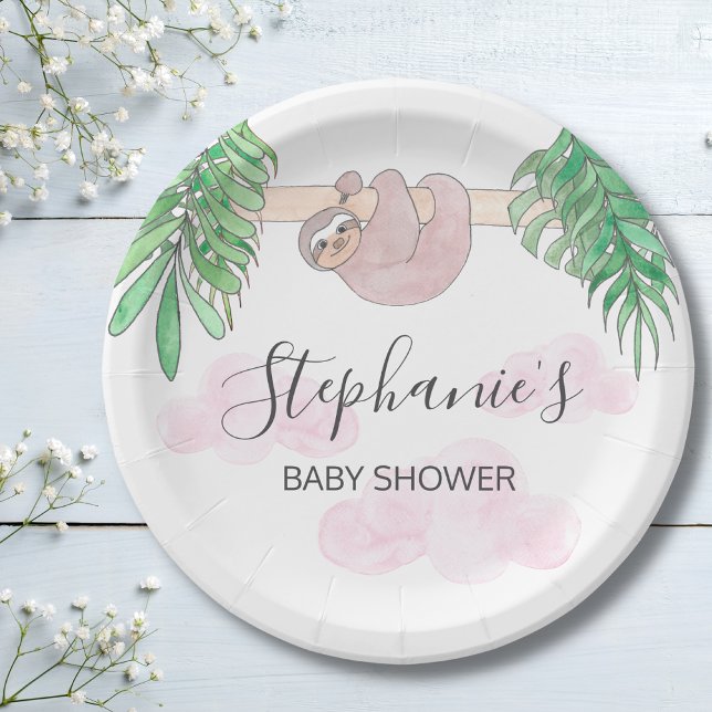 Cute Sloth Baby Girl Baby Shower Paper Plates (Creator Uploaded)
