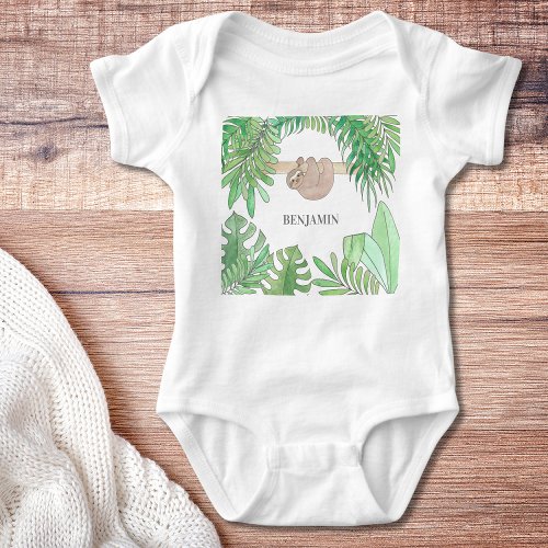 Cute Sloth Baby Jungle Leaves Watercolor Name Baby Bodysuit