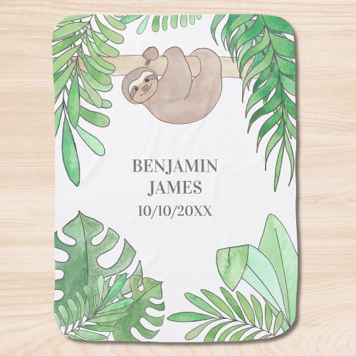 Cute Sloth Baby Jungle Leaves Watercolor Name Date Baby Blanket