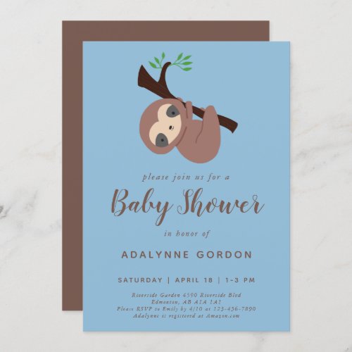 Cute Sloth Baby Shower Boy Blue Brown Kawaii Invitation