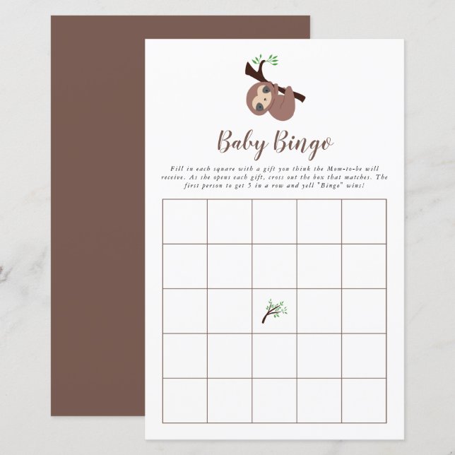 Cute Sloth Baby Shower Game Bingo Brown Kawaii (Front/Back)