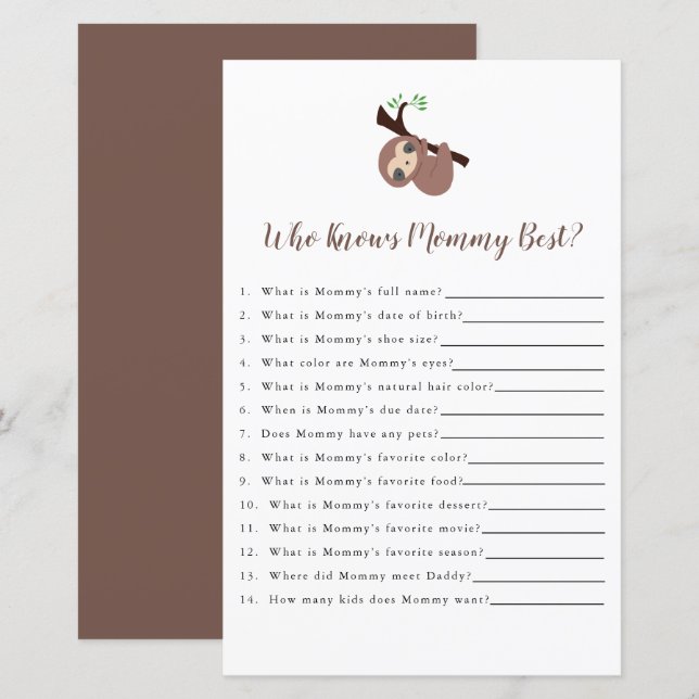 Cute Sloth Baby Shower Game Who knows Mommy Best (Front/Back)