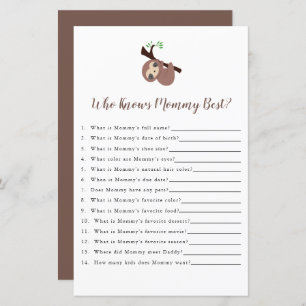 Cute Sloth Baby Shower Game Who knows Mommy Best