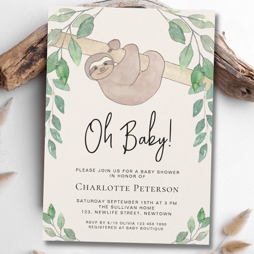 Cute Sloth Baby Shower Invitation