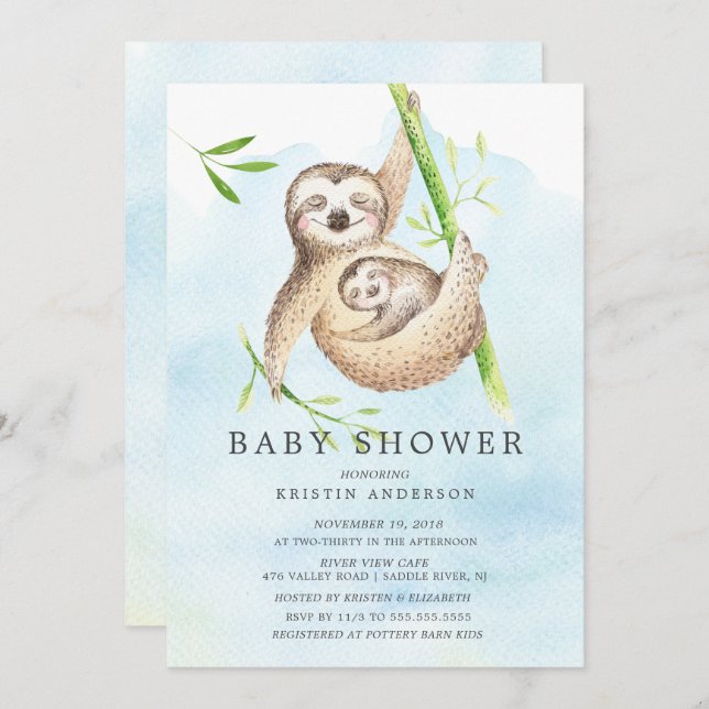 Cute Sloth Baby Shower Invitation (Front/Back)