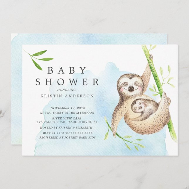 Cute Sloth Baby Shower Invitation (Front/Back)