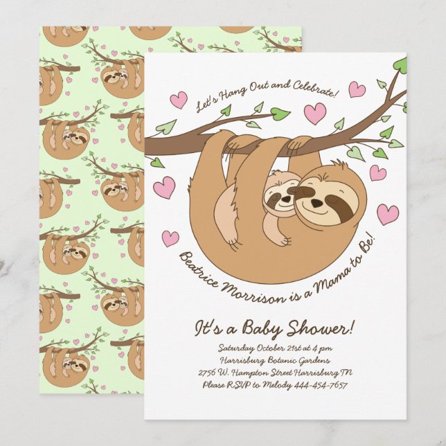 Cute Sloth Baby Shower Mama and Baby Invitation (Front/Back)