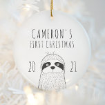 Cute Sloth Babys First Christmas Black White Ceramic Ornament<br><div class="desc">Commemorate baby's first Christmas with this cute keepsake ornament,  featuring a simple modern black and white drawing of a sloth. Personalize it with baby's name and the year in hand-drawn printing font.</div>