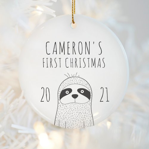Cute Sloth Babys First Christmas Black White Ceramic Ornament