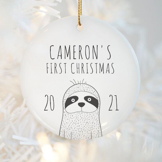 Cute Sloth Babys First Christmas Black White Ceramic Ornament (Creator Uploaded)