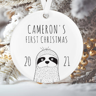 Cute Sloth Babys First Christmas Black White Ornament