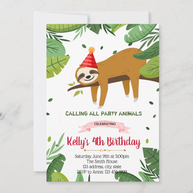 Cute sloth birthday  invitation (Front)