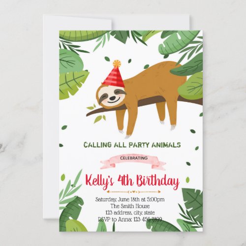 Cute sloth birthday  invitation