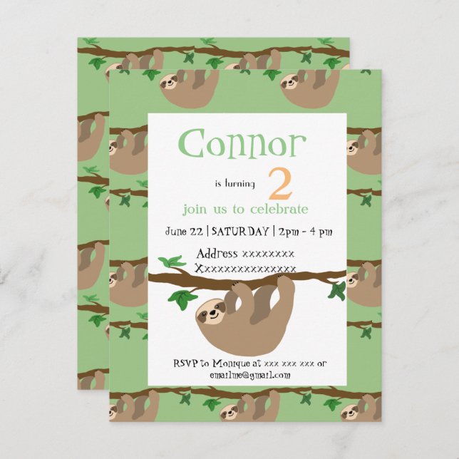 Cute Sloth,, birthday party invitation (Front/Back)