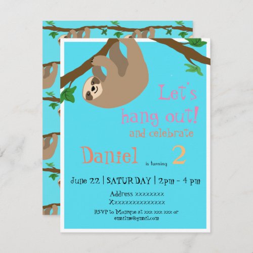 Cute Sloth birthday party invitation