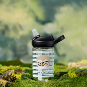Cute Sloth Blue Stripes | Monogram Water Bottle