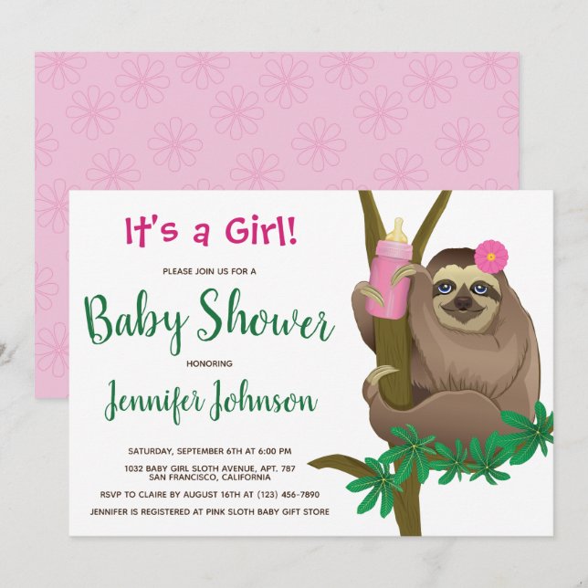 Cute Sloth Blush Pink Floral Baby Shower Invitation (Front/Back)