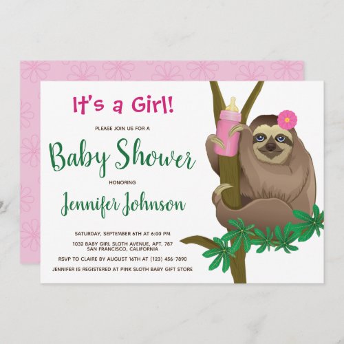Cute Sloth Blush Pink Floral Baby Shower Invitation