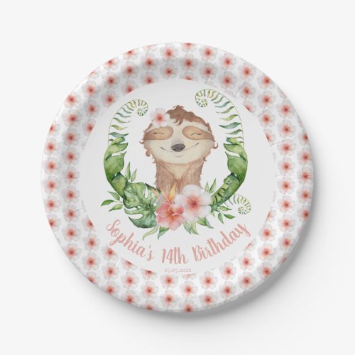 Cute Sloth Blush Pink Floral Girls Name Birthday  Paper Plates