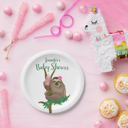 Cute Sloth Blush Pink Trendy Girly Baby Shower Paper Plates