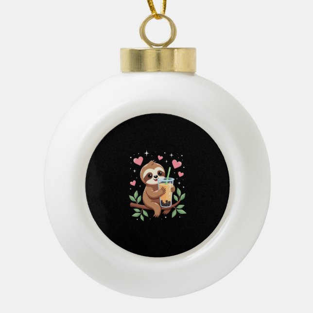 Cute Sloth Boba Bubble Milk Tea Kawaii Women Girls Ceramic Ball Christmas Ornament (Front)