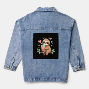 Cute Sloth Boba Bubble Milk Tea Kawaii Women Girls Denim Jacket