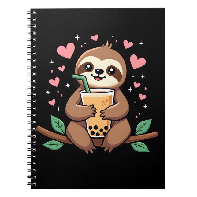 Cute Sloth Boba Bubble Milk Tea Kawaii Women Girls Notebook (Front)