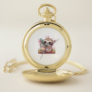 Cute Sloth Boba Bubble Milk Tea Kawaii Women Girls Pocket Watch