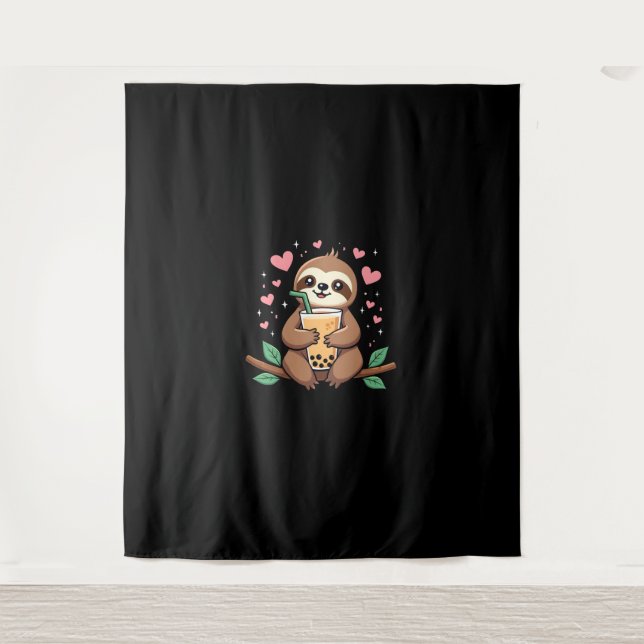 Cute Sloth Boba Bubble Milk Tea Kawaii Women Girls Tapestry (Front)