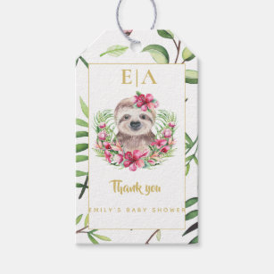 Cute SLOTH Boho Pink Floral Baby Shower Thank You Gift Tags