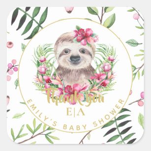 Cute SLOTH Boho Pink Floral Baby Shower Thank You Square Sticker