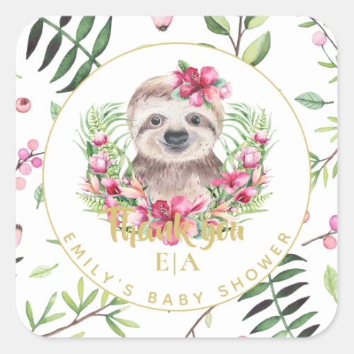 Cute SLOTH Boho Pink Floral Baby Shower Thank You Square Sticker