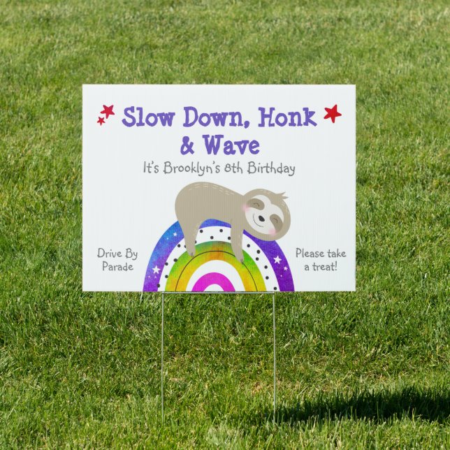 Cute Sloth Boho Rainbow Birthday Car Parade Yard Sign (Insitu)