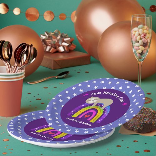 Cute Sloth Boho Rainbow Birthday Purple Paper Paper Plates