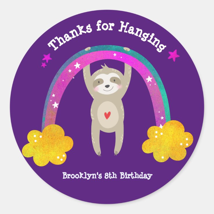 Cute Sloth Boho Rainbow Birthday Purple Thank You Classic Round Sticker