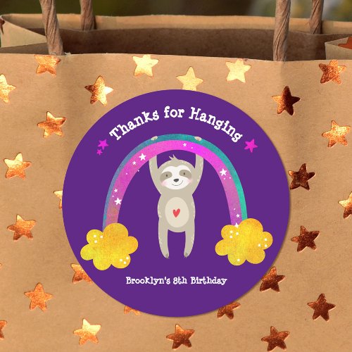 Cute Sloth Boho Rainbow Birthday Purple Thank You Classic Round Sticker