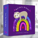 Cute Sloth Boho Rainbow, Don’t Hurry Be Happy Plum 3 Ring Binder<br><div class="desc">“Don’t Hurry. Be Happy.” Words to live by. A sweet, playful visual of a cute, kawaii, sloth relaxing on a colorful, boho rainbow with white handwritten typography on a dark plum purple background has the right idea. An adorable periwinkle blue star pattern overlaying dark purple plum is on the back....</div>