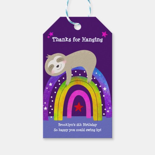 Cute Sloth Boho Rainbow Modern Birthday Purple Gift Tags