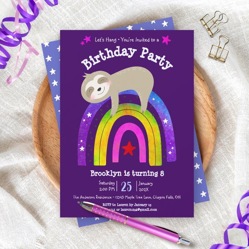 Cute Sloth Boho Rainbow Modern Birthday Purple Invitation