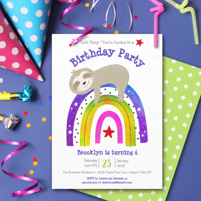 Cute Sloth Boho Rainbow Simple Modern Birthday Invitation Zazzle