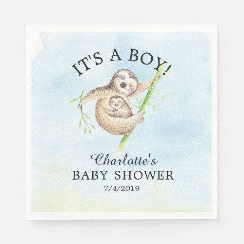 Cute Sloth Boy Baby Shower Paper Napkins