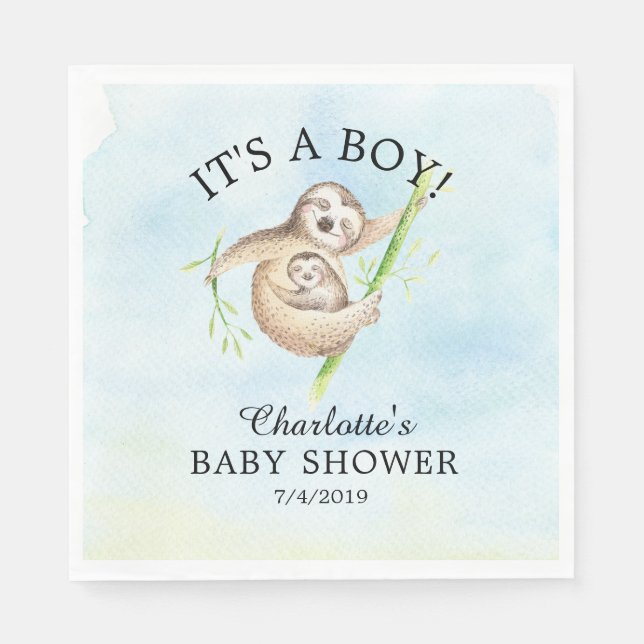 Cute Sloth Boy Baby Shower Paper Napkins (Front)