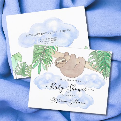 Cute Sloth Boys Baby Shower Invitation